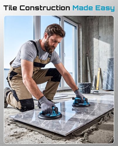 SEESII Suction Cups for Glass Lifting: 8" Tile Suction Cup Lifter with Handle and Pump, 200KG Load Capacity Heavy Duty Vacuum Lifter for Lifting Large Tile, Granite, Metal, Windows (2-Pack) - color: Blue