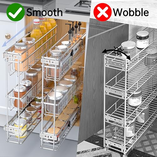 JOWBOOW Narrow Pull Out Cabinet Organizer, 4" Skinny Side Mount Spice Rack for Frameless Cabinets, Heavy Duty 3-Tier Zero Wobble Slide Out Shelf - size: 4"W Side-Mount (Frameless ONLY!)