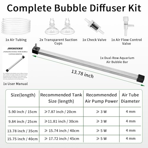 Aquarium Air Bubble Bar, 13.78 Inch Double Row Fine Mist Air Bubble Curtain Wall, Self-Sinking Fish Tank Air Diffuser Set, Enhanced Oxygen Bubble Strip for Freshwater Saltwater Hydroponics