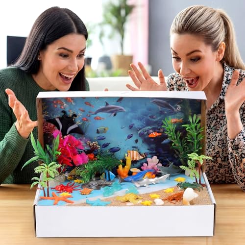 60 Pcs Ocean Diorama Kit Habitat Project Box Set 3D Ocean Diorama Supplies Include Under The Sea Animals Figures Artificial Coral Seagrass with Cardboard for DIY Crafts Gifts - color: Classic