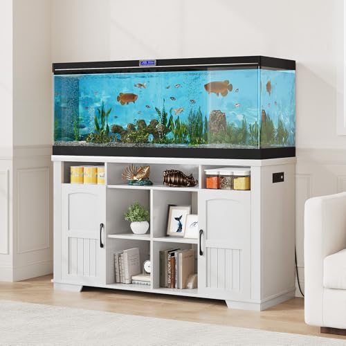 55-75 Gallon Fish Tank Stand with Power Outlet, Farmhouse 75 Gallon Aquarium Stand with Cabinet for Fish Tank Accessories Storage, Shelf, for Turtle Tank, Reptile Terrarium, 1000 LBS (White)