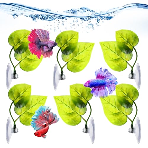 6Pcs Betta Fish Hammock, Beta Hammock Realistic Leaf Design, Fish Hammocks with Strong Suction Cup for Aquarium Decoration and Fishes Resting Spot Placement