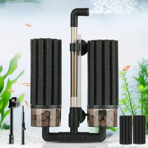 hygger Aquarium Double Sponge Filter: Upgraded Sponge Filter with Larger Filtration Area, Come with Extendable Clip, 2 Spare Biochemical Sponges, Bioceramic Balls, for Freshwater Saltwater Tank - M - size: M (For 15-55 Gallon)