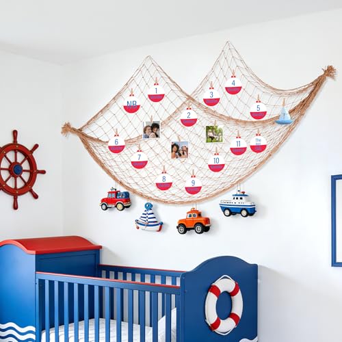 60x60 Inch Fishing Net Decor with Wooden Clips, Fishing Photo Banner The Big One Fishing Birthday Decoration Beige Natural Cotton Large Decor for Pirate Under The Sea Nautical Mermaid Themed Party