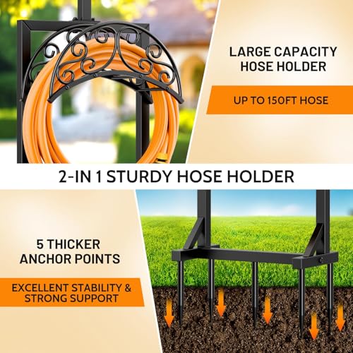 Garden Hose Holder for Outside - Upgraded Water Hose Holders with 5 Spikes & 2 Shepherds Hooks, Freestanding Hose Stand Heavy Duty Hose Hanger Hose Storage Hose Reel Rack for Outside Yard Lawn - color: Black