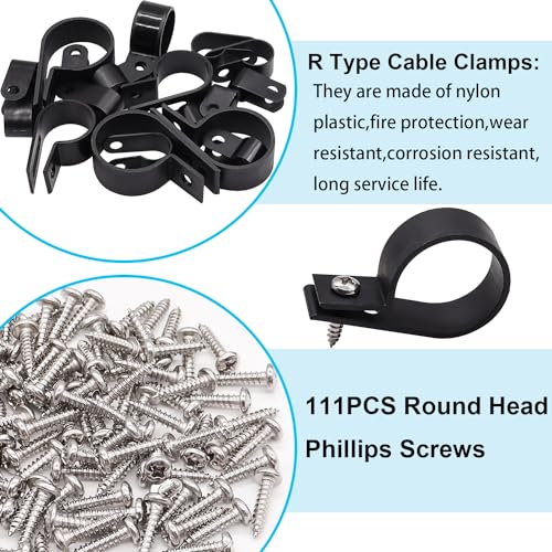 TWTADE 222PCS Black Cable Clamps Assortment Kit,Nylon Plastic R-Type 6 Sizes 3/16'' 1/4'' 3/8'' 1/2'' 3/4'' 1'' Cable Mounting Wire Clips Fastener with Screws for Wire Management - color: Black-222PCS
