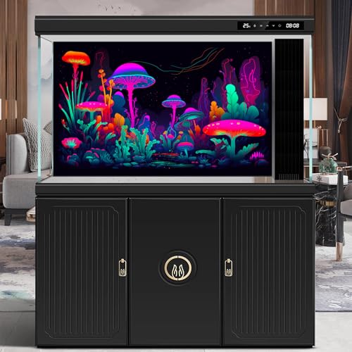 Mushrooms Aquarium Background Mushrooms in Dark Forest with Bright Colors Terrarium Background Tranquil Lake Cartoon Style Aquatic Plants Fish Tank Backdrop Poster Decorations Wallpaper Decor 24x12in - color: Purple Red, size: 24(W)x12(H)in