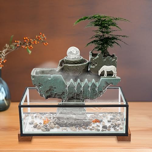 Desktop Water Fountains Indoors with LED Light, Rockery and Aquariums Water Fall Indoor for Living Room Office Decor (Style C) - style: style C