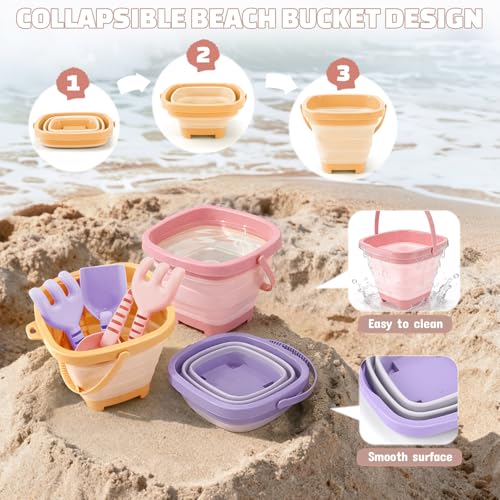 3 Pack Beach Toys Set for Kids Toddlers Girls, Collapsible Sand Buckets with Beach Molds and Mesh Bag, Sandbox Travel Toys Beach Vacation Essentials, Camping Gear, Fishing (Purple/Pink/Yellow) - color: Purple/Pink/Yellow
