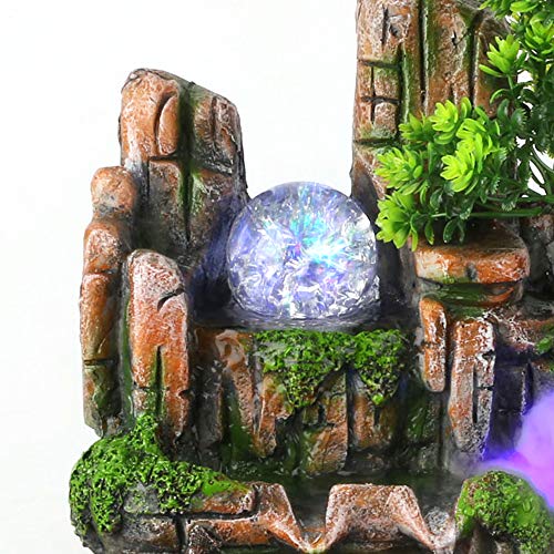 DNYSYSJ Tabletop Waterfall Fountain with Rockery, Mini Silent Indoor Ornament Desk Water Fountain Desktop Simulation Resin with Atomizer LED Small Fish Tank for Office Bedroom Home Decor Windmill