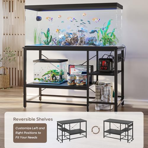 Bestier 55 Gallon Fish Tank Stand with Power Outlet, 49x13 Metal Aquarium Stand with Filter Storage, 6-Leg Long Reptile Tank Stand with 3-Tier Adjustable Storage Shelves, 700LBS Capacity, Black Oak - color: Black, size: 55 Gallon