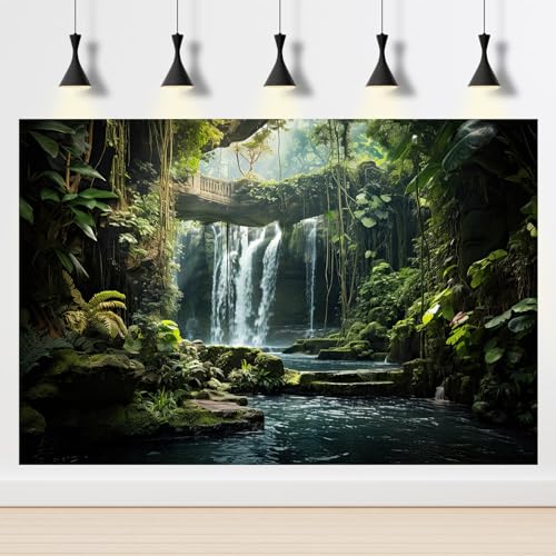 Waterfall Aquarium Background Nature Tropical Plants Tranquil Stream Fish Tank Background Rainforest Lush Green Trees Plants Stone Bridge Reptile Tank Enclosure Backgrounds Wallpaper 72x24in - color: Foggy Green, size: 72(W)x24(H)inches/ 180(W)*60cm(H)