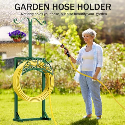 Garden Hose Holder - Upgraded Water Hose Holders for Outside with 5 Spikes & 2 Shepherds Hooks, Freestanding Hose Stand Hose Hanger Hose Storage Hose Reel Rack for Yard Lawn(Green) - color: Green