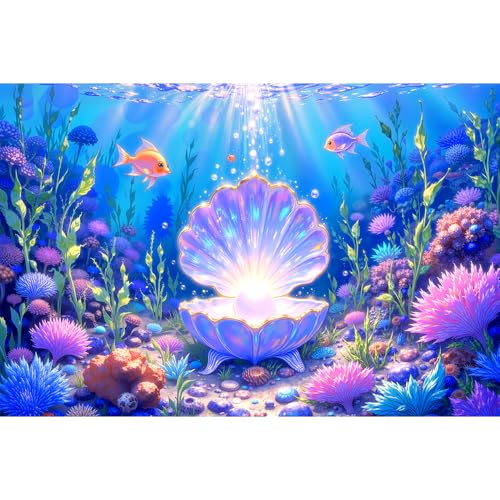 7x5FT Mermaid Backdrop Under The Sea Party Decorations, Underwater Ocean Scene with Giant Shell & Pearl, Coral Reef Fish Aquarium Background for Photography Kids Birthday Baby Shower - size: 7x5 FT