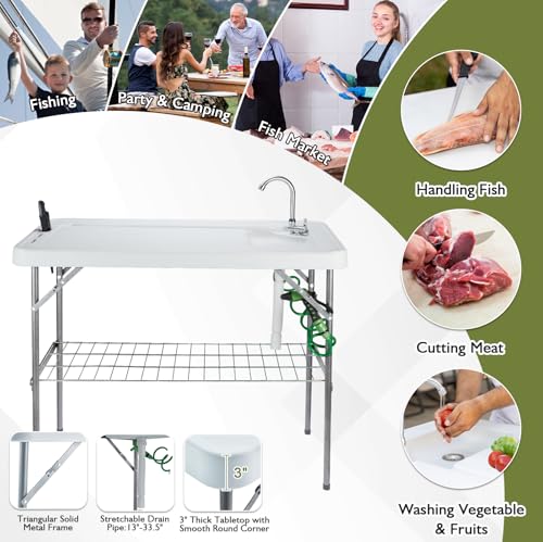 Folding Fish Cleaning Table Portable Camping Sink Table with Faucet Drainage Hose & Sprayer Outdoor Fish Fillet Cleaning Station with Grid Rack & Knife Groove for Picnic Fishing, Grey - style: A Sink-Grey