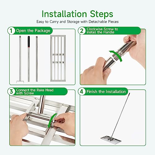 GreatBuddy Lawn Leveling Rake 30'' x 10", Heavy-Duty Stainless Steel Lawn Leveling Tool for Lawn, Soil, Sand, 78'' Extra Long Handle, Ideal for Yard, Garden