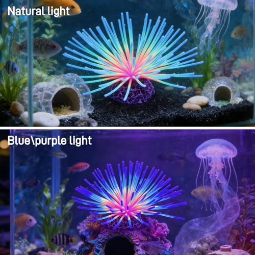 Fluorescent Rainbow Sea Urchin Aquarium Decor - Glows Under Blue Light, Weighted Silicone Ornament for Fish Tank with Swaying Spines, Saltwater & Freshwater, Vibrant Aquascape Centerpiece (Blue) - color: Blue
