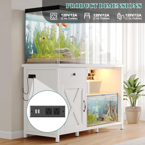 4ever2buy 55-75 Gallon Fish Tank Stand with Power Outlets, LED Light, Heavy Duty Aquarium Stand with Cabinet for Fish Tank Accessories Storage, for Turtle Tank, Reptile Terrarium, 1100LBS, White - color: White