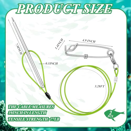 Soulchen 2 Pcs 3ft Heavy Duty Fish Stringer with Shark Clip Stainless Steel Cable Fish Holder Spearfishing Stringer for Scuba Diving Freediving Spearfishing Kayak Fishing and Game - color: Green