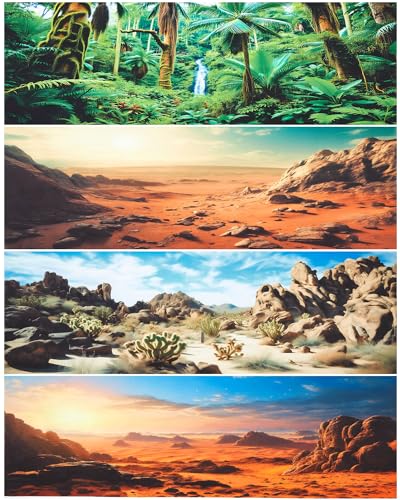 Breling 4 Pcs 71 x 18 Inch Reptile Habitat Background with Nano Glue Gobi Sun Cactus Stone and Green Tree Fern Stream Terrarium Background Polyester Durable Aquarium Accessories - color: Style1, size: 71 x 18 Inch