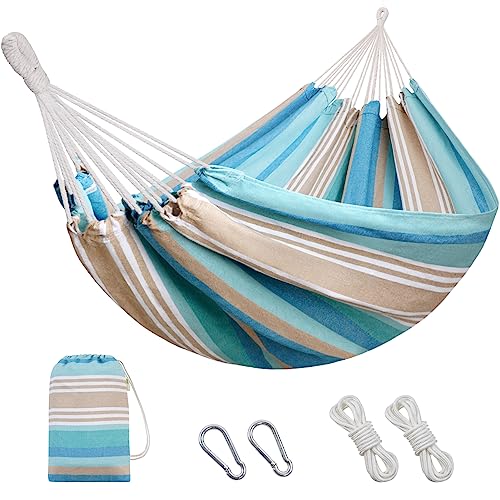 Brazilian Hammock with Tree Straps - Canvas Hammocks Portable Hammock with Carry Bag for Backyard, Porch, Outdoor and Indoor Use Blue & Green - color: Blue, size: X-Large