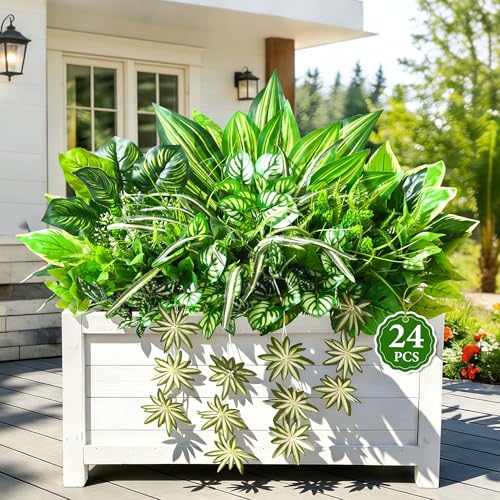 Livole 24Pcs 14 Styles Artificial Plants Outdoor Realistic UV Resistant Flowers Large Bunches Faux Greenery Stems Boston Fern for Garden Porch Planter Window Box Home Decor - size: 24Pcs