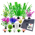 Aquarium Decorations Set, 16Pieces Artificial Plastic Plants & Smooth Fish Cave Rock, Non-Damaging Ornaments for Fish Tank with Gift Box Packaging, Goldfish & Betta Fish Tank Accessories