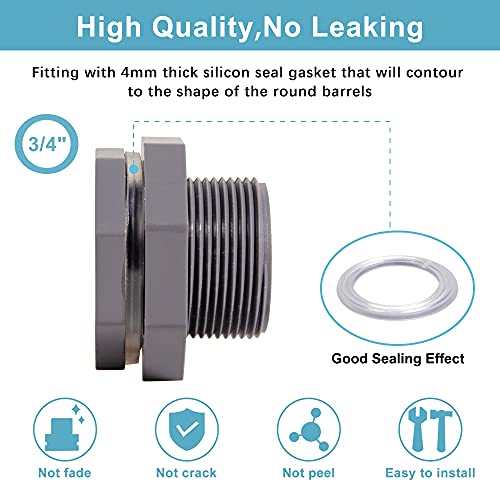 Ququyi 3/4 Inch PVC Bulkhead Water Tank Connector Adapter Fitting with Plugs Thru-Bulk Pipe Fitting for Rain Barrels, Aquariums, Ponds(Set of 3) - size: 3/4"-3pcs