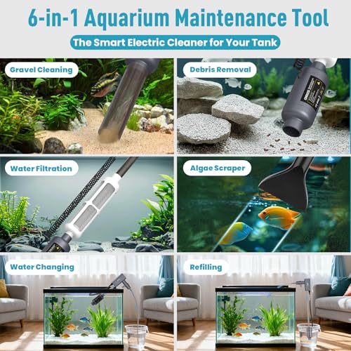 Electric Aquarium Vacuum Gravel Cleaner: Rechargeable Fish Tank Cleaner with 4 Adjustable Suction, Anti-Clog for Debris Clean & Sand Washing,Automatic Water Changer with 12V Safe for Small/Large Tanks