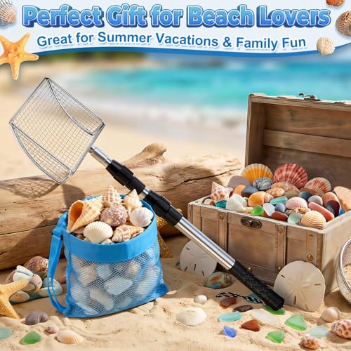 RGQSUN Shark Tooth Sifter with Seashell Bag, Beach Sand Sifter Set with Extendable Handles for Shell Collecting, Sea Glass, Shark Teeth and Small Beach Finds - color: Blue (1 Set)