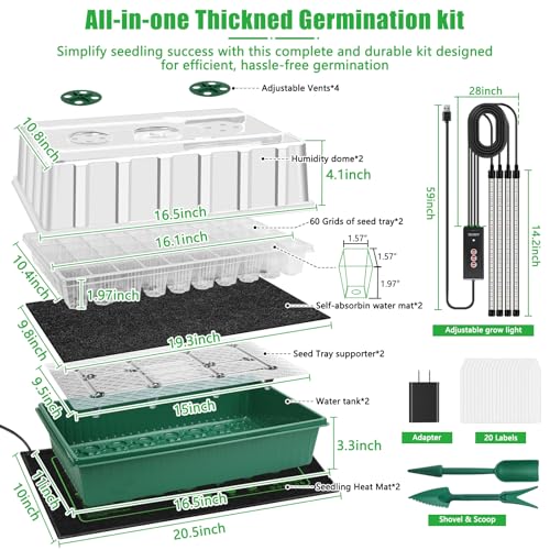 2 Set 120-Cell Seed Starter Kit with Seedling Heat Mat, Self-Watering Seed Starter Tray with Adjustable Brightness Timed Grow Light Humidity Domes, Indoor Seedling Starter Tray Plant Germination Kit - size: 2pack with Heat Mat