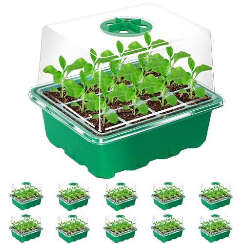 Bonviee 10 Packs Seed Starter Tray with Elevated Lid, 120 Cells Thicken Seed Starting Trays Kit with Adjustable Humidity Vent, Clear Cell Tray and Heightened Lids for Greenhouse & Gardens, Green - color: Green, size: 10 Packs, NO light