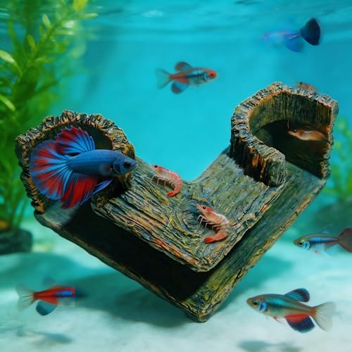 Aquarium Corner Cave Tunnel Decoration, Resin Fish Tank Hideout for Betta, Shrimp, Cichlid and Guppy, L-Shaped Underwater Hollow Log Ornament