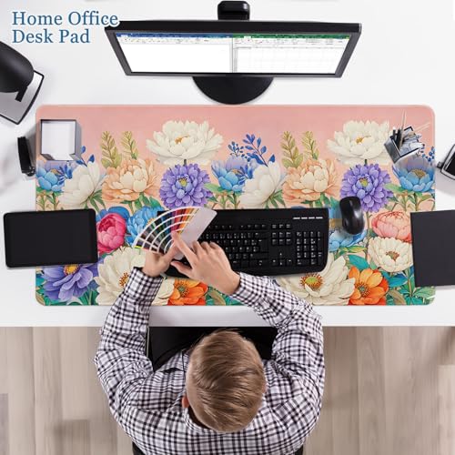 Desk Pad Peony Flowers, Desk Matt for Desktop Women Girls Floral Gaming Mouse pad Extend XXL Large Anti-Slip with Stitched Edges Waterproof Computer Laptop Keyboard Mat for Gaming, Home, Work, Office - color: Peony Flowers, size: 31.5" x 15.7"