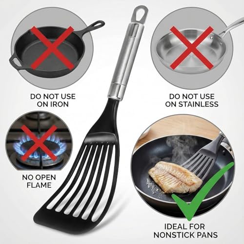 KSENDALO Thin Flexible Nylon Fish Spatula for Nonstick Cookware Fish Spatula Egg Flipper Hollow Steel Handle, LFGB Certified Nylon Thin Blade Sturdy Hollow Handle Dishwasher Safe- Silver/Black - size: Medium (1 Pack)