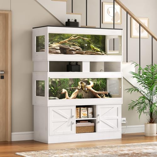 Dual 60 Gallon Reptile Tank with Stand,Reptile Enclosure,Bearded Dragon Tank,Reptile Terrarium with Cabinet,Sliding Doors,Power Outlet for Snakes,Lizards,Crested Geckos White CAGE003E - color: Vintage White, size: 60 Gallon+60 Gallon