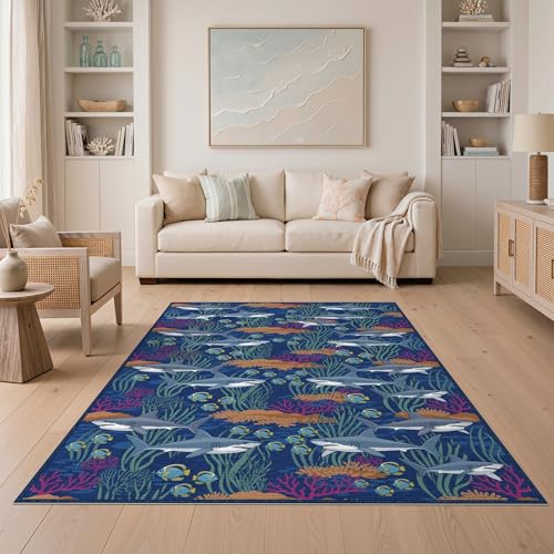 5'x7' Washable Modern Fish Area Rug, Orange Non-Shedding Pet Friendly Carpet for Small Living Room, Playroom, Bedroom, Easy Care Kids Safe Mat | Ref:2068689 - color: Blue/Pattern 26, size: 5' x 7' (Rectangular)