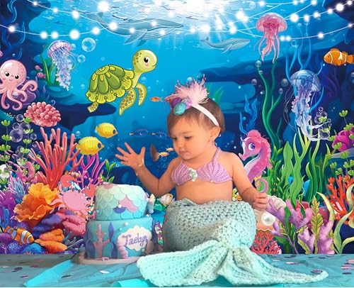 Under The Sea Photography Backdrop 8x6ft Underwater World Coral Reef Background for Ocean Theme Baby Shower Decorations Birthday Party Cake Table Decor Banner (8x6FT（240x180cm）) - size: 8 x 6 ft