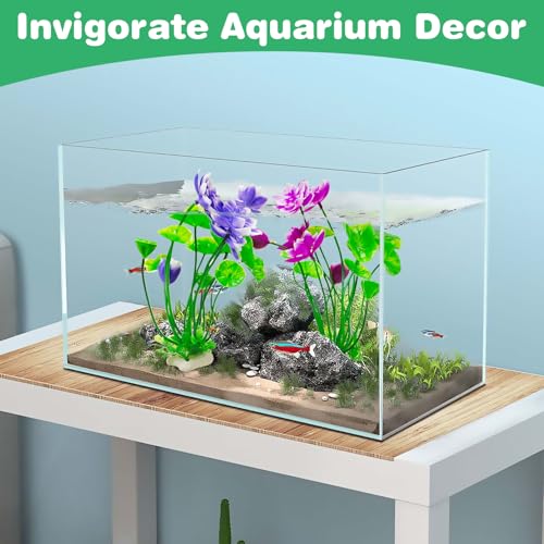 Hamiledyi 2 Pcs Artificial Lotus Flowers with Small Artificial Seaweed Plants Fish Tank Plastic Plants Decorations Purple and White-Purple Blossoms Artificial Water Plants Perfect for Aquarium Decor