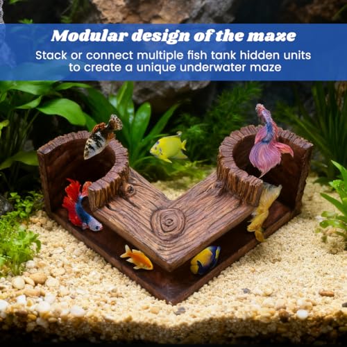 Aquarium Underground Corner Cave, Natural-Looking Wood-Like Viewing Fish & Shrimp Under Gravel Tunnel Fish Tank Decor Decoration Hideout for Corydora Catfish, Kuhli Loach, Pleco