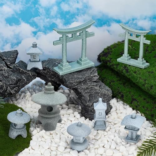 FINGERINSPIRE 8PCS Miniature Asian Decor 8 Style Mini Zen Garden Accessories Stone Lanterns and Torii Gates PVC Chinese Japanese Style Zen Decor for Bonsai Aquarium and Tabletop Display - style: Stone Lanterns and Torii Gates