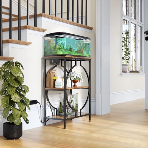 10 Gallon Aquarium Stand with Power Outlet, 3 Tier Heavy Duty Metal Fish Tank Stand with Storage, Fish Tank Table for Home Office, 21.3" x 11.8" x 29", Rustic Brown