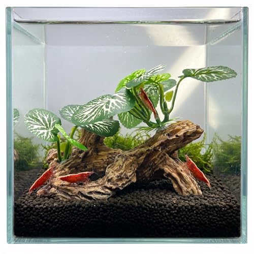Aquarium Driftwood Decor 4 Inch - Resin Driftwood with Silk Plant Leaves, Fish Tank Decoration for Betta, African Dwarf Frog, Shrimp Hideout