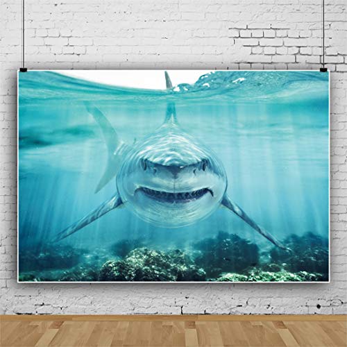 Haoyiyi 7x5ft Underwater Shark Backdrop Deep Under Sea Seabed World Great White Shark Aquarium Photography Background Baby Boy Birthday Celebration Theme Party Kid Diver Portrait Photo Studio Props