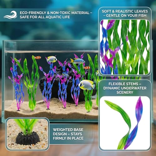 RAINFLOW Artificial Aquarium Plants Decorations - 10Pcs Green & Purple Tall Artificial Seaweed Fish Tank Decorations,Aquarium Decor Set,Plastic Plants Betta Fish Tank Accessories