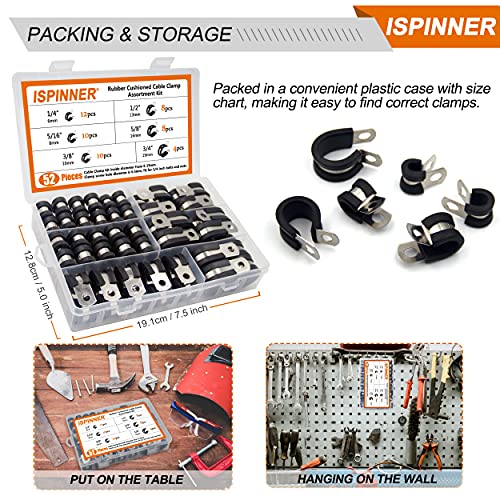 ISPINNER 52pcs Cable Clamps Assortment Kit, 304 Stainless Steel Rubber Cushion Pipe Clamps in 6 Sizes 1/4" 5/16" 3/8" 1/2" 5/8" 3/4" - color: Black