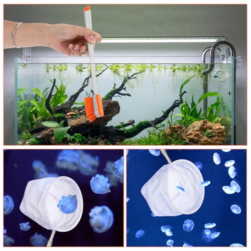 2 Pcs Small Fish Tank Cleaner Brush with Fishing Net Algae Scraper Fish Tank Brush Scrubber Sponge Tool Long Handle for Cleaning Glass Acrylic Aquariums Home Kitchen