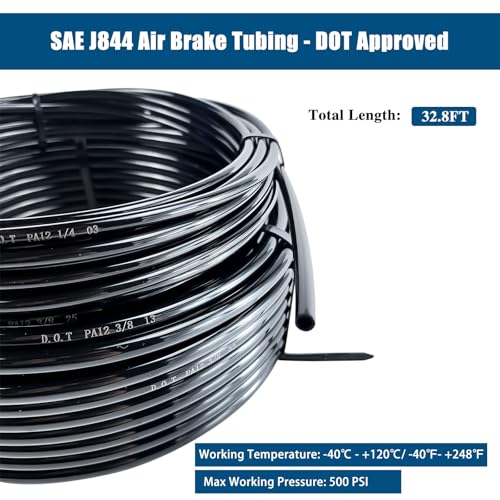 1/4" Black Nylon Air Line Tubing - 32.8 FT Air Hose, DOT Approved for Air Brake Tubing Suspension Or Fluid Transfer