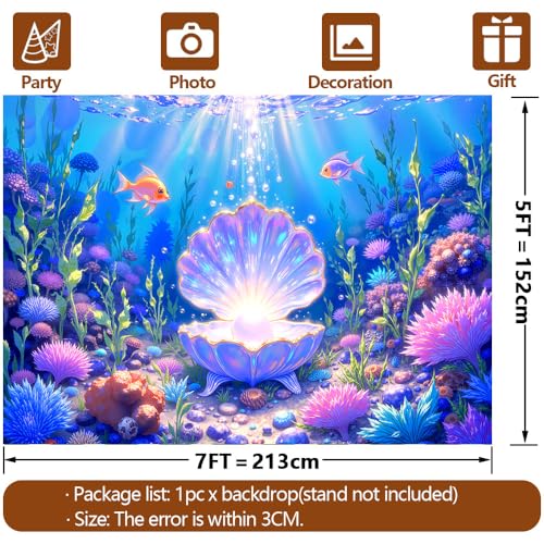 7x5FT Mermaid Backdrop Under The Sea Party Decorations, Underwater Ocean Scene with Giant Shell & Pearl, Coral Reef Fish Aquarium Background for Photography Kids Birthday Baby Shower - size: 7x5 FT