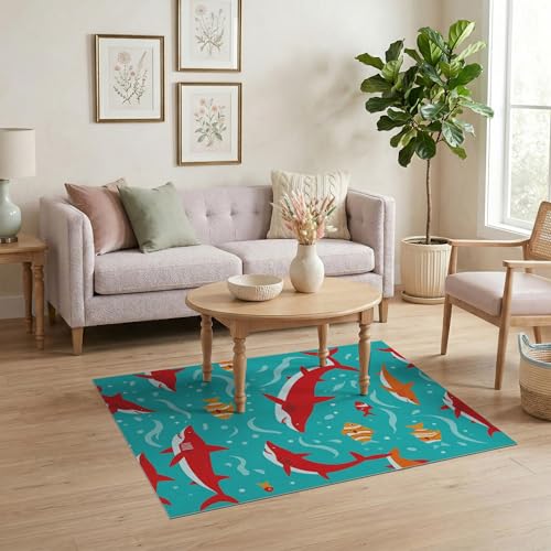 4'x6' Washable Graphic Shark Area Rug, Turquoise Flatwoven Floor Mat for Home Office, Gaming Room, Under Desk, Non-Slip Chair-Friendly Carpet | Ref:2070035 - color: Blue/Pattern 12, size: 4' x 6' (Rectangular)